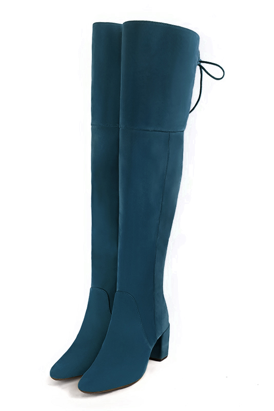 Peacock blue women's leather thigh-high boots. Round toe. Medium block heels. Made to measure. Front view - Florence KOOIJMAN